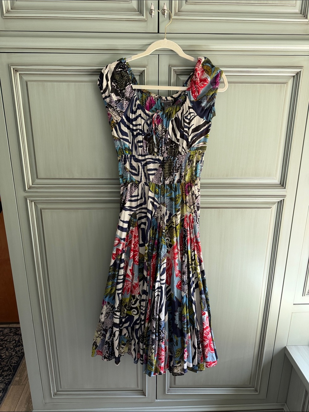 Chelsea & Theodore Navy, White, Red & Green Mixed-Print Midi Dress